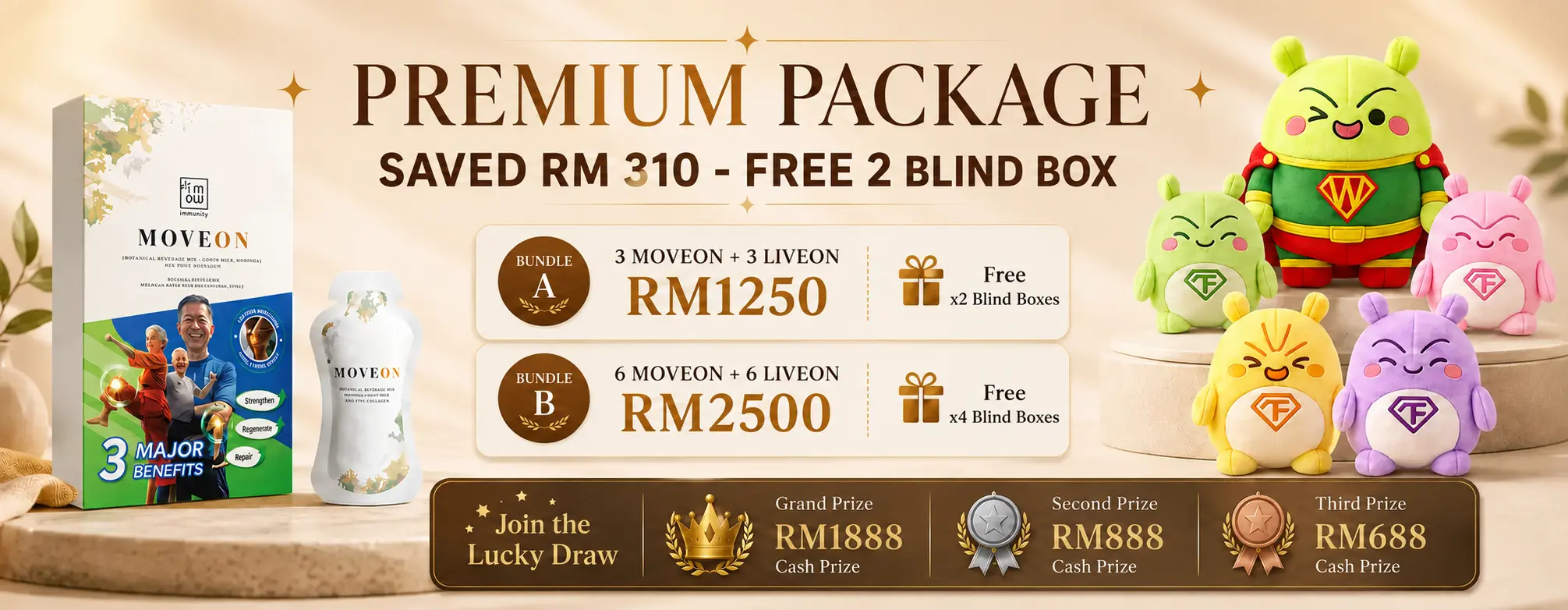 MoveOn and LiveOn package promotion — Pro Pack RM840 with 1 free Blind Box, Premium Pack RM1250 with 2 free Blind Boxes, and PLUS Pack RM2500 with 4 free Blind Boxes